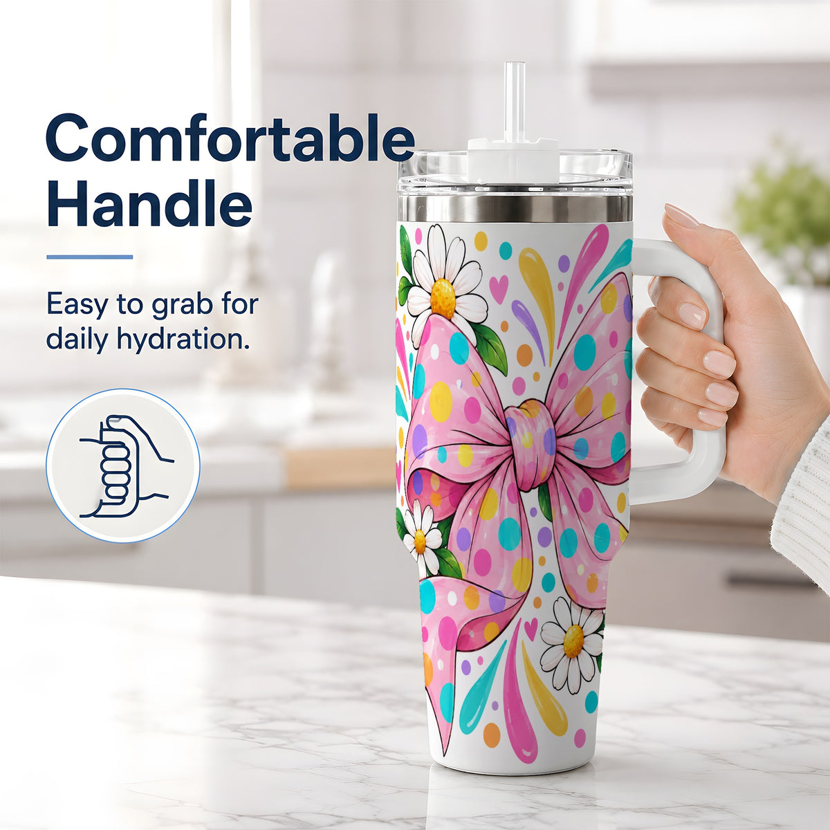#pl[40oz|White] Daisy Polka Dot Bow 40oz Tumbler with Colorful Floral Artwork