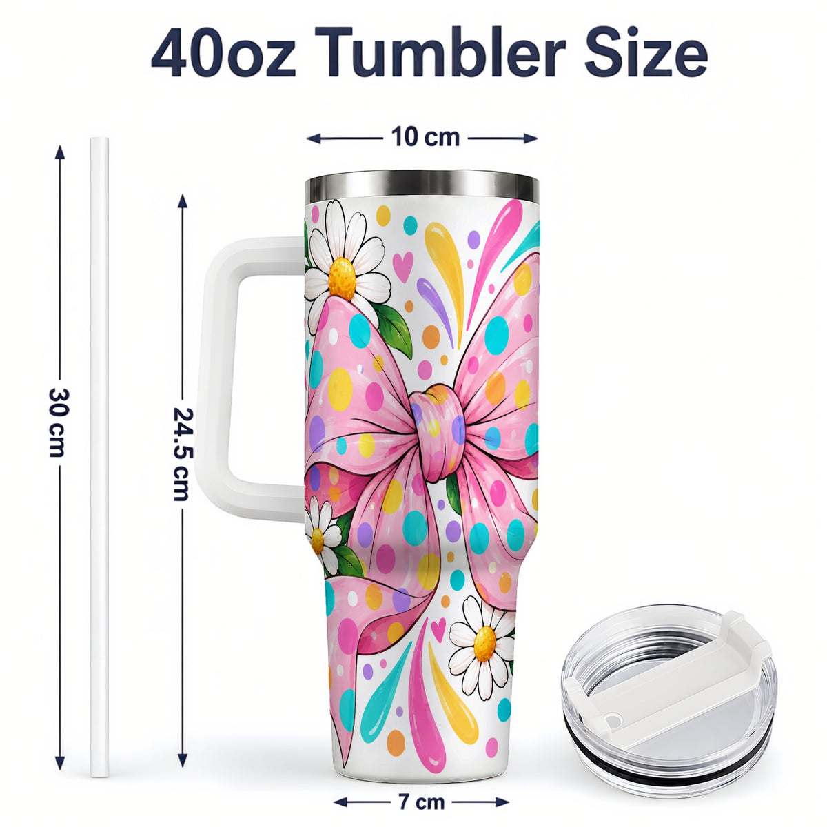 #pl[40oz|White] Daisy Polka Dot Bow 40oz Tumbler with Colorful Floral Artwork