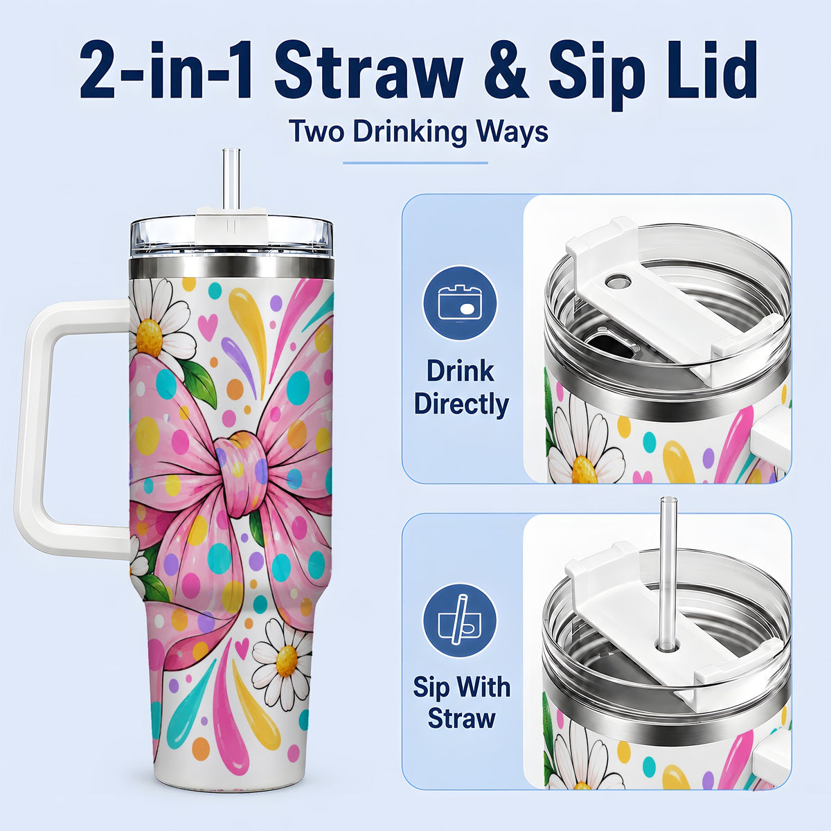 #pl[40oz|White] Daisy Polka Dot Bow 40oz Tumbler with Colorful Floral Artwork