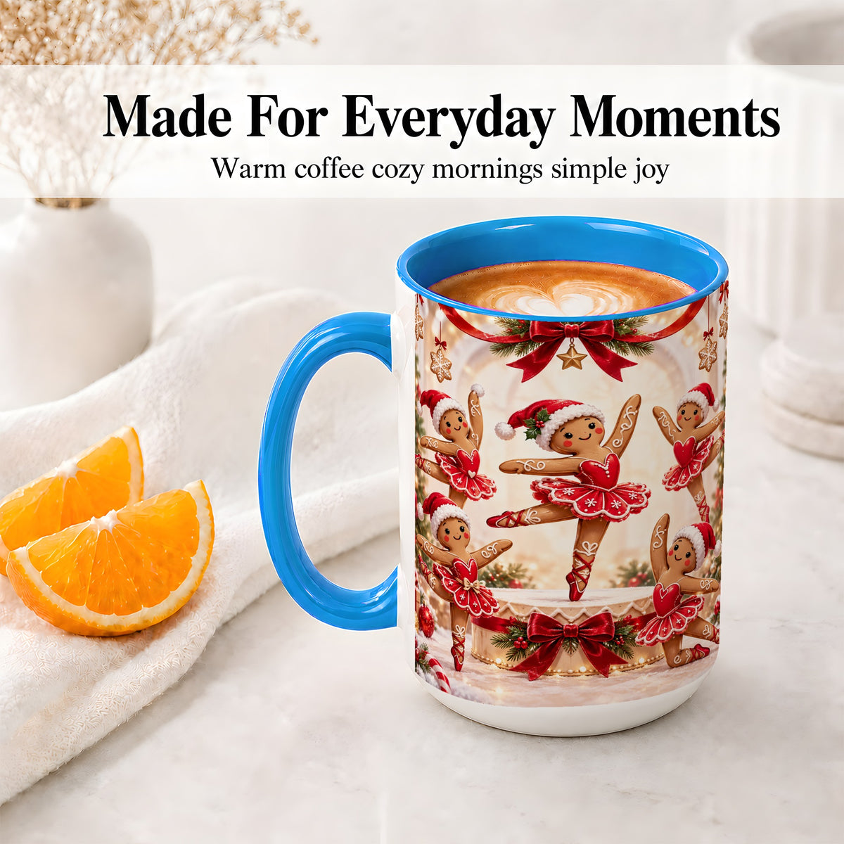 #pl[15oz|Blue] Gingerbread Ballerina Christmas Ceramic Mug with Holiday Artwork
