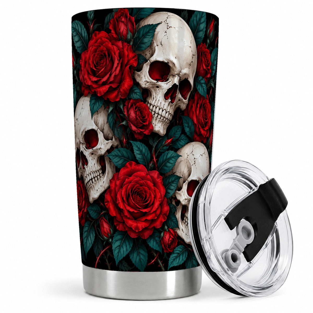 Red Rose Skull 20oz Tumbler, Stainless Steel Dark Gothic Floral Art
