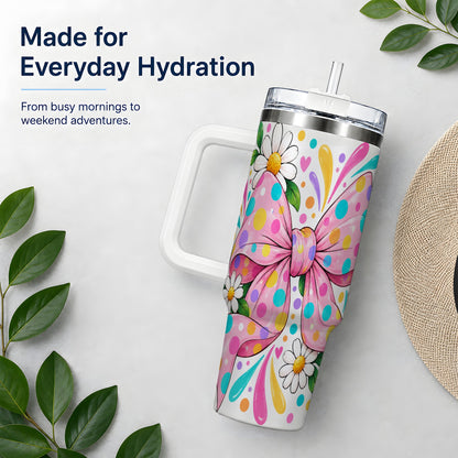 Daisy Polka Dot Bow 40oz Tumbler with Colorful Floral Artwork