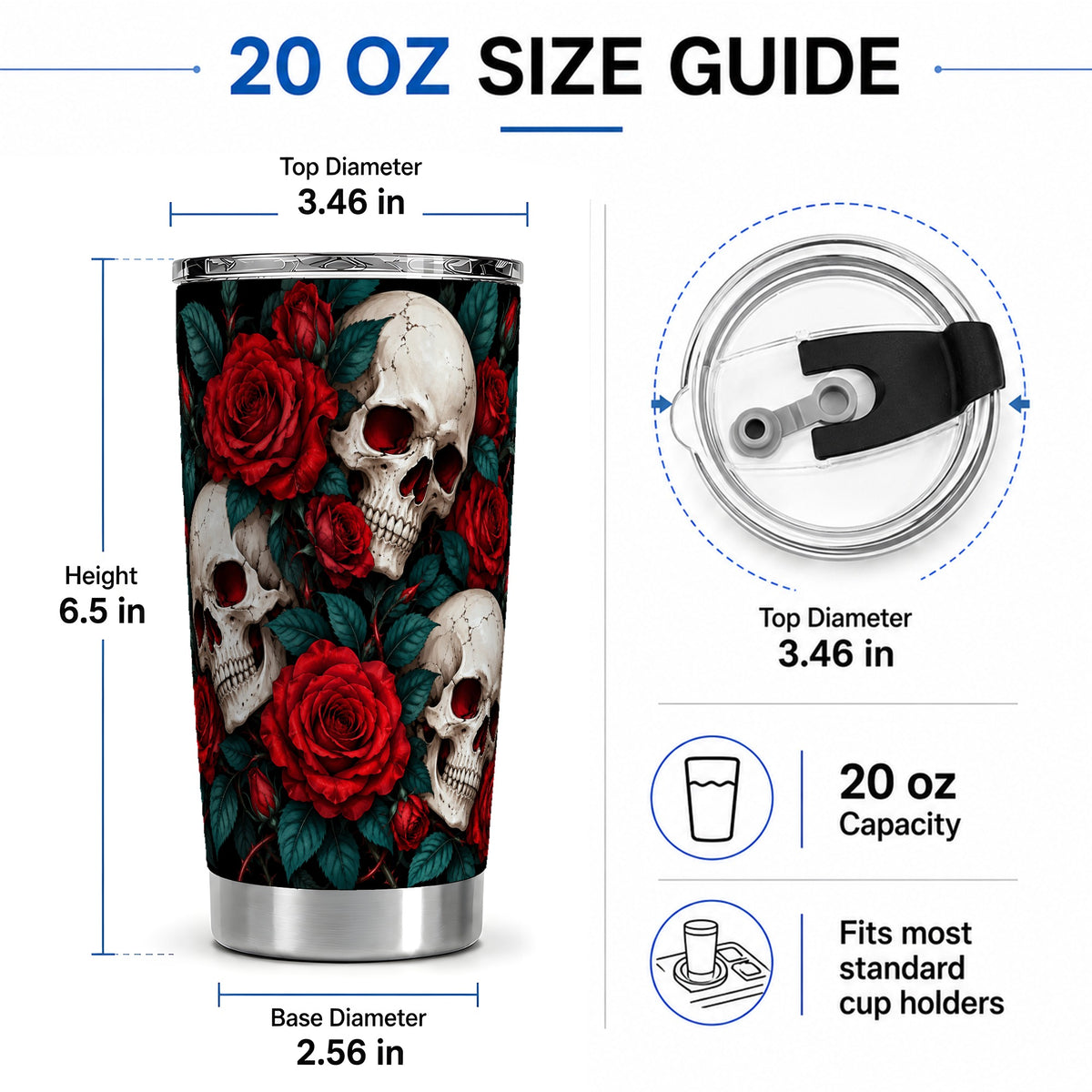#pl[20oz|Steel] Red Rose Skull 20oz Tumbler, Stainless Steel Dark Gothic Floral Art
