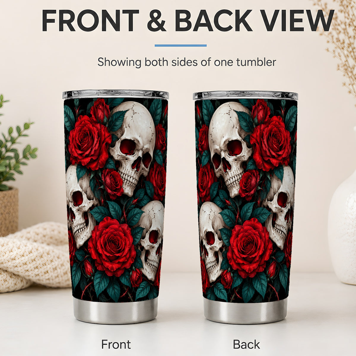 #pl[20oz|Steel] Red Rose Skull 20oz Tumbler, Stainless Steel Dark Gothic Floral Art