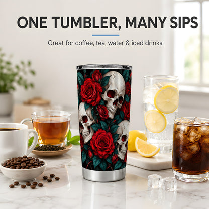 Red Rose Skull 20oz Tumbler, Stainless Steel Dark Gothic Floral Art