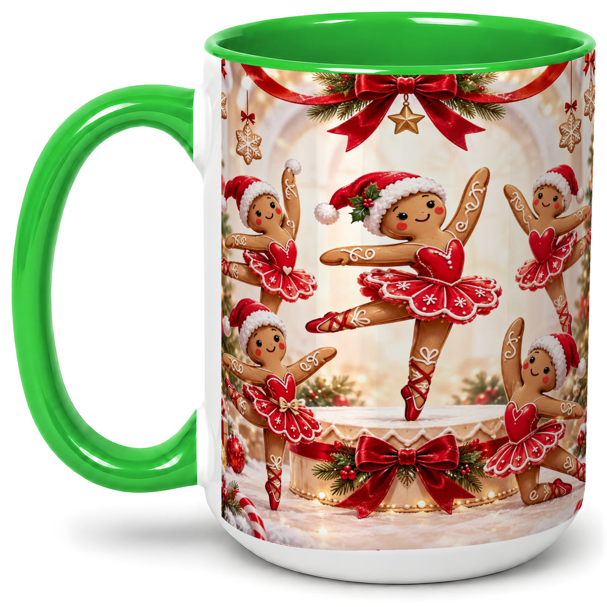 #pl[15oz|Green] Gingerbread Ballerina Christmas Ceramic Mug with Holiday Artwork