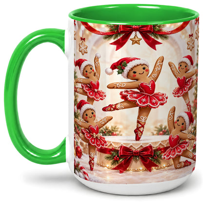 #pl[15oz|Green] Gingerbread Ballerina Christmas Ceramic Mug with Holiday Artwork