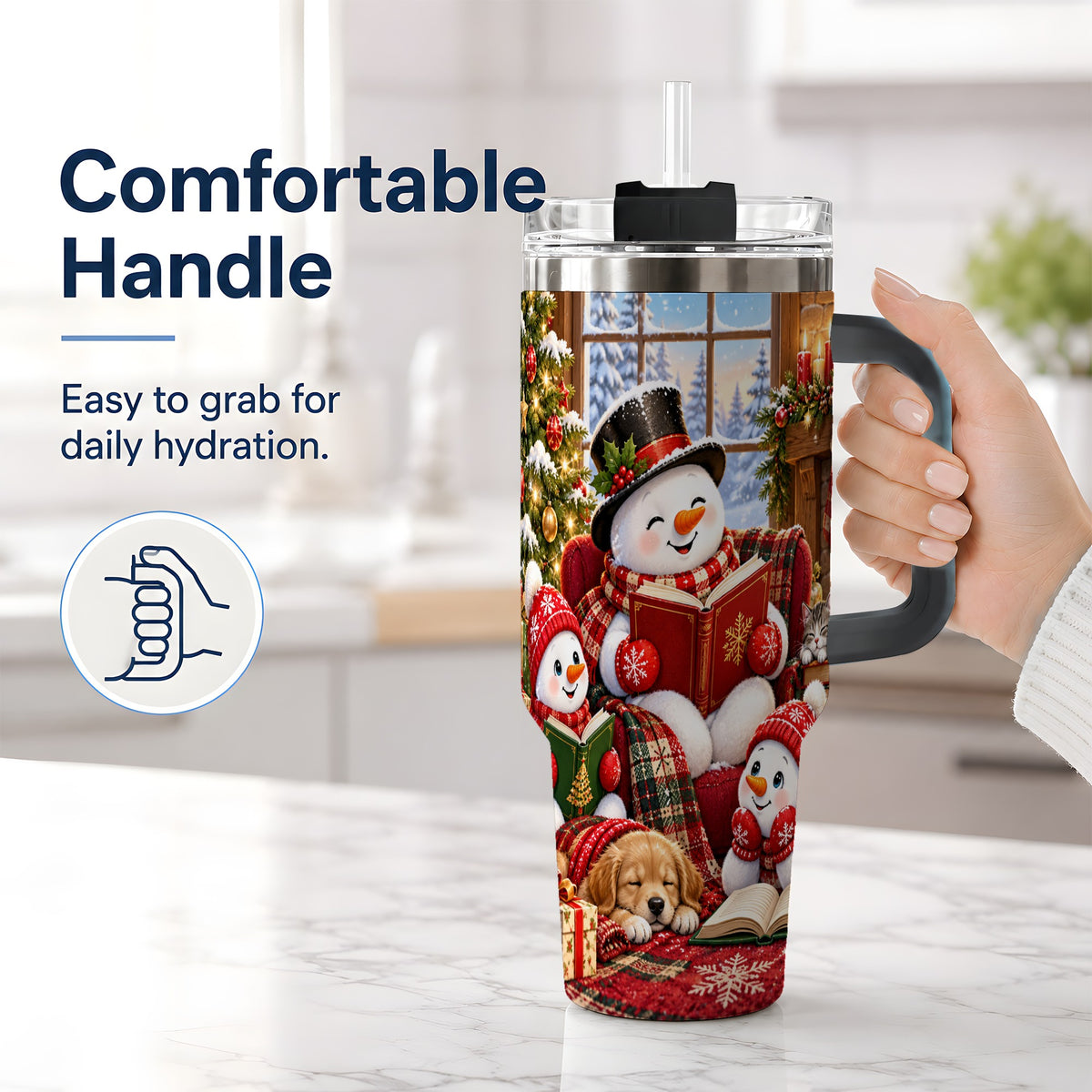 #pl[40oz|Black] Christmas Snowman Reading 40oz Tumbler with Cozy Holiday Artwork