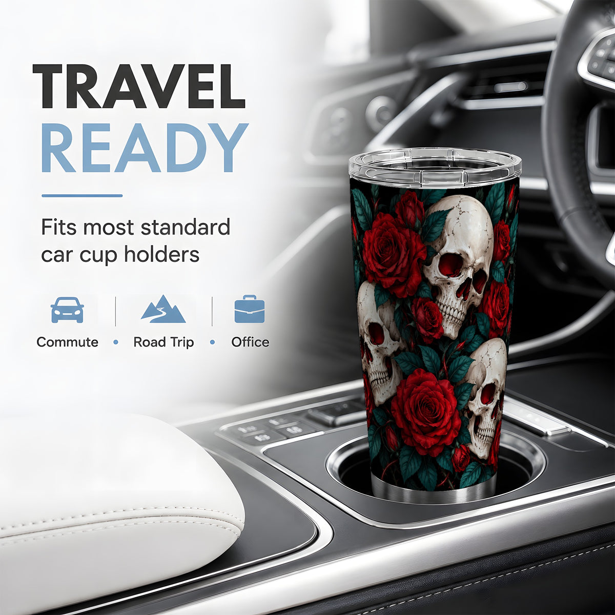 Red Rose Skull 20oz Tumbler, Stainless Steel Dark Gothic Floral Art