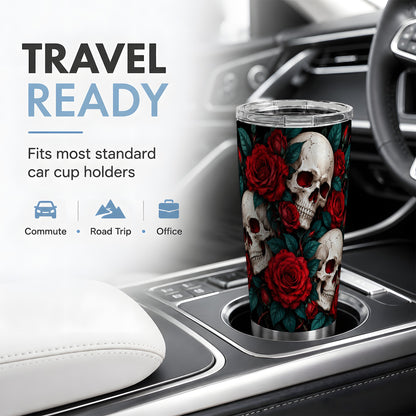 Red Rose Skull 20oz Tumbler, Stainless Steel Dark Gothic Floral Art