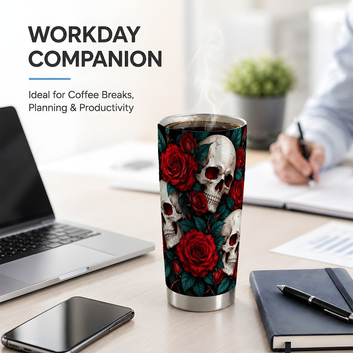 Red Rose Skull 20oz Tumbler, Stainless Steel Dark Gothic Floral Art
