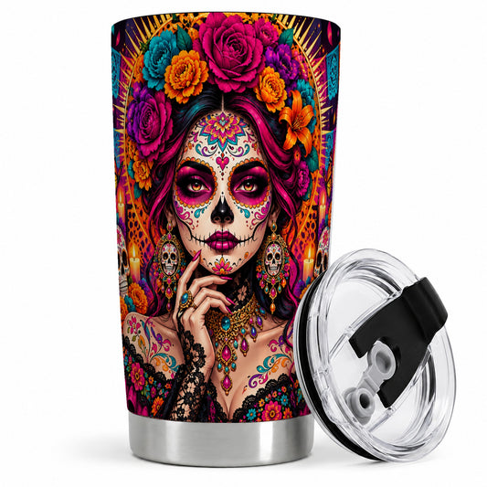 Floral Sugar Skull Woman 20oz Tumbler, Colorful Day of the Dead Art