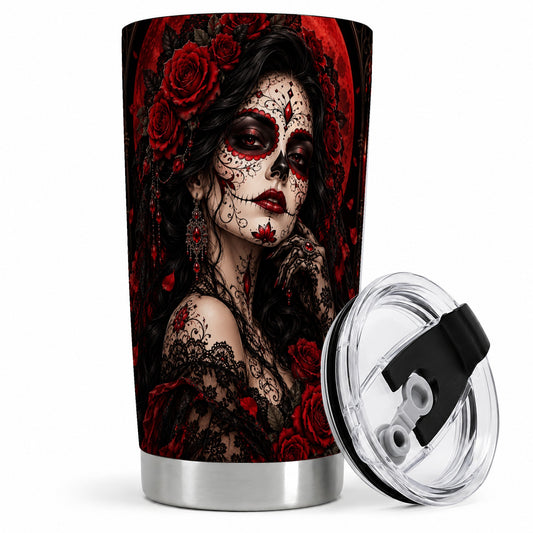 Gothic Sugar Skull Woman 20oz Tumbler, Dark Red Rose Moon Artwork