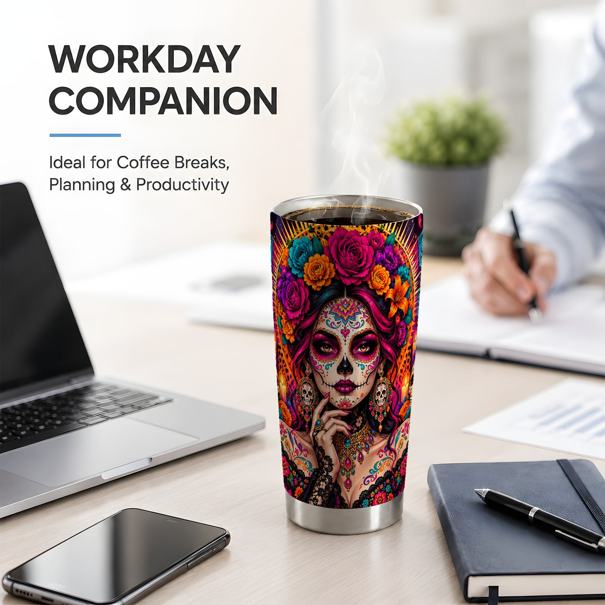 Floral Sugar Skull Woman 20oz Tumbler, Colorful Day of the Dead Art