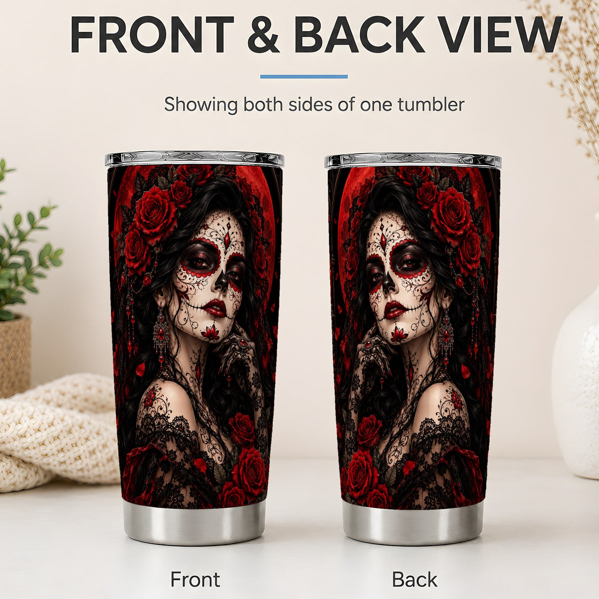 #pl[20oz|Steel] Gothic Sugar Skull Woman 20oz Tumbler, Dark Red Rose Moon Artwork