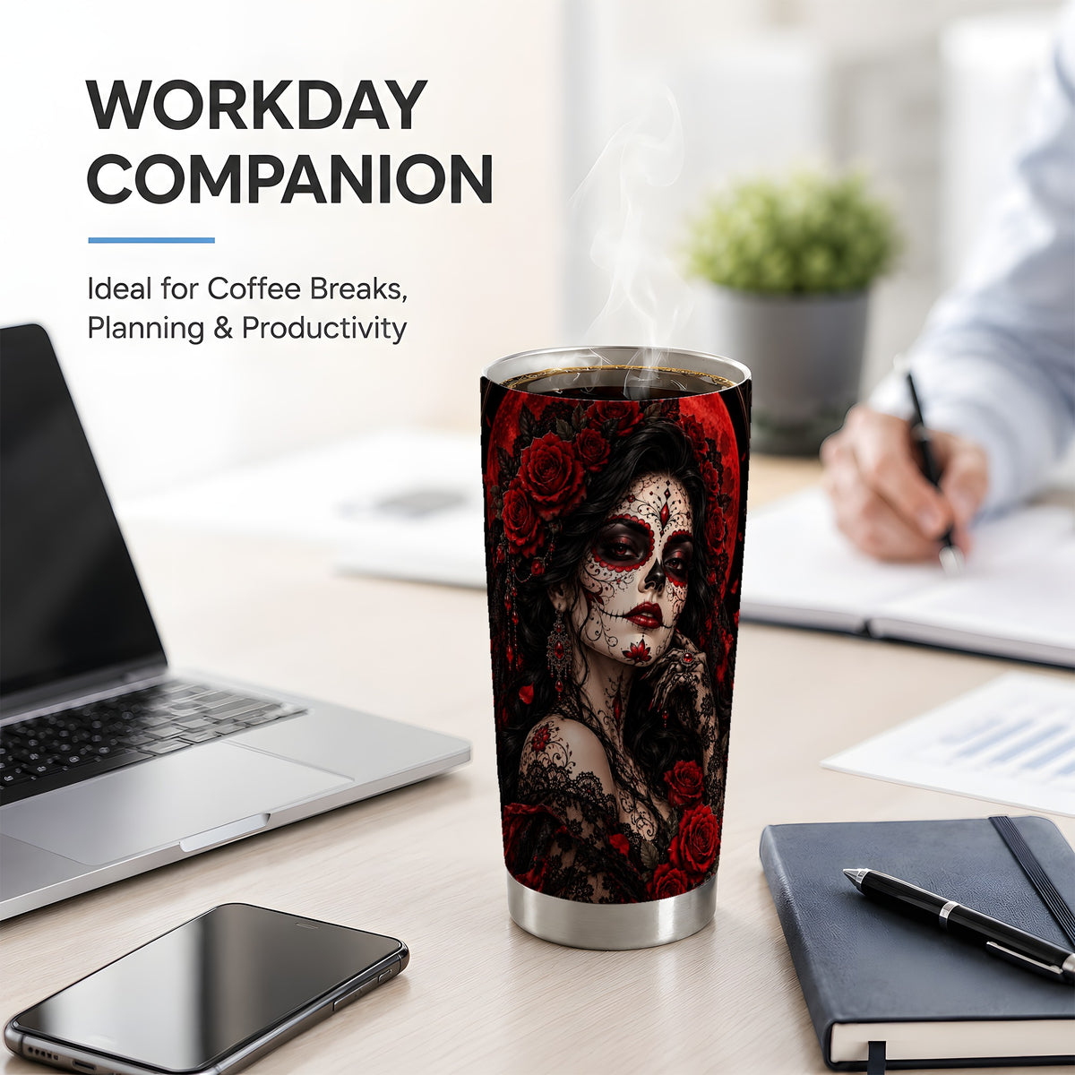 Gothic Sugar Skull Woman 20oz Tumbler, Dark Red Rose Moon Artwork