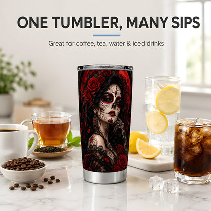 Gothic Sugar Skull Woman 20oz Tumbler, Dark Red Rose Moon Artwork
