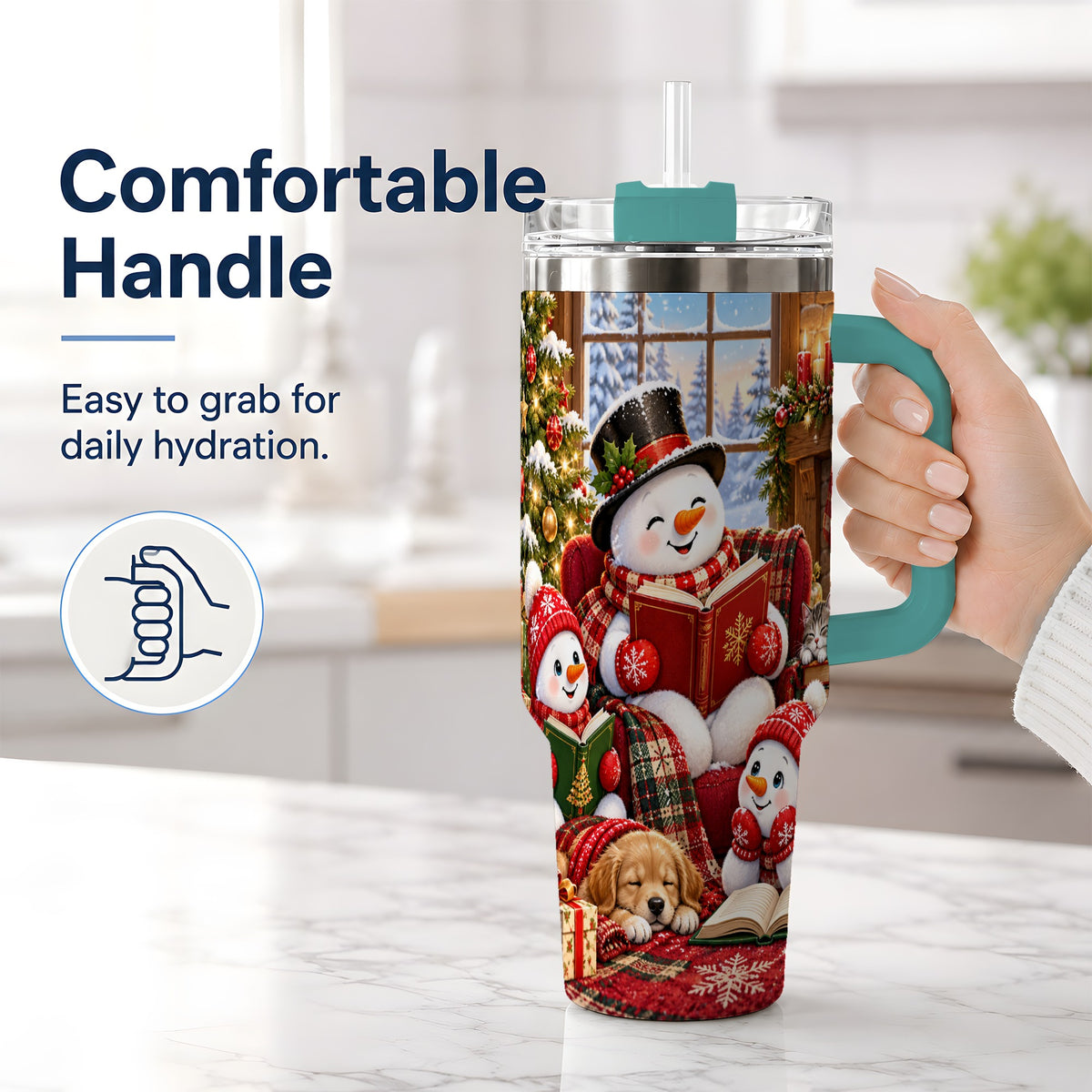 #pl[40oz|Green] Christmas Snowman Reading 40oz Tumbler with Cozy Holiday Artwork
