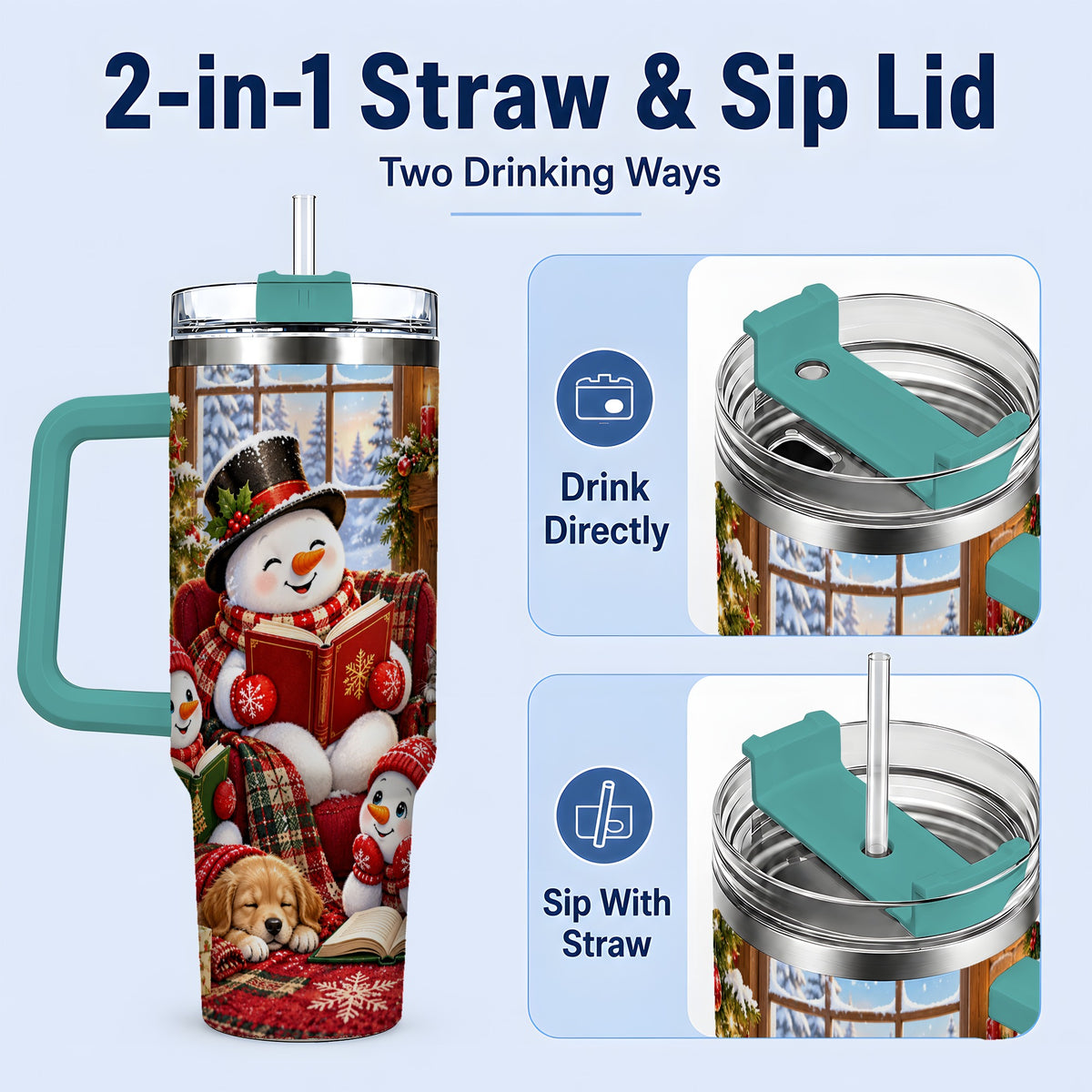 #pl[40oz|Green] Christmas Snowman Reading 40oz Tumbler with Cozy Holiday Artwork