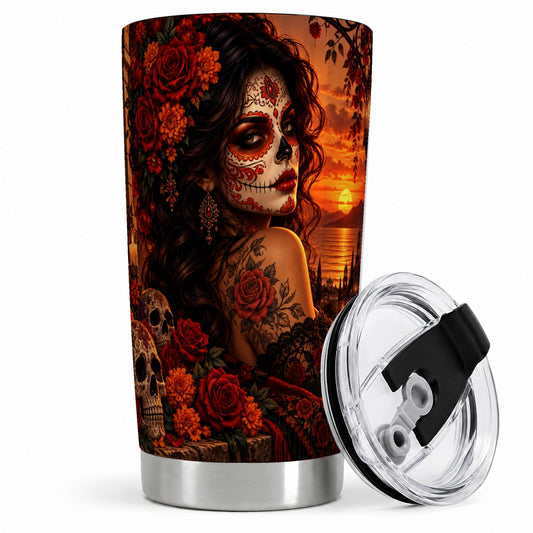 Sunset Sugar Skull Woman 20oz Tumbler, Stainless Steel Gothic Art