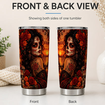 #pl[20oz|Steel] Sunset Sugar Skull Woman 20oz Tumbler, Stainless Steel Gothic Art
