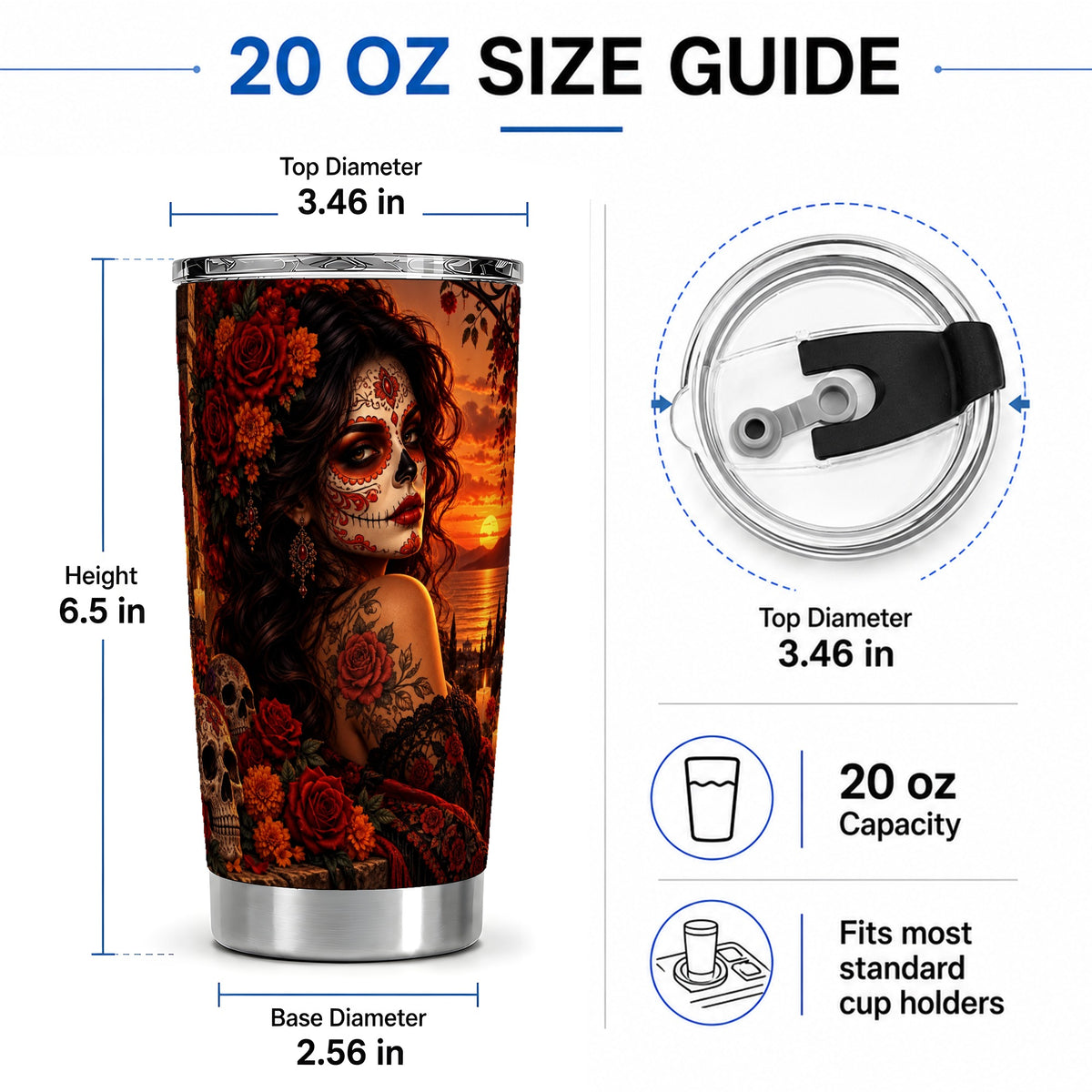 #pl[20oz|Steel] Sunset Sugar Skull Woman 20oz Tumbler, Stainless Steel Gothic Art