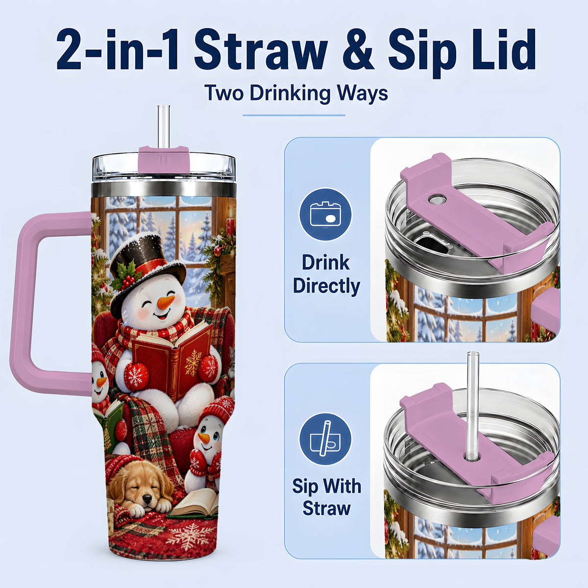 #pl[40oz|Pink] Christmas Snowman Reading 40oz Tumbler with Cozy Holiday Artwork