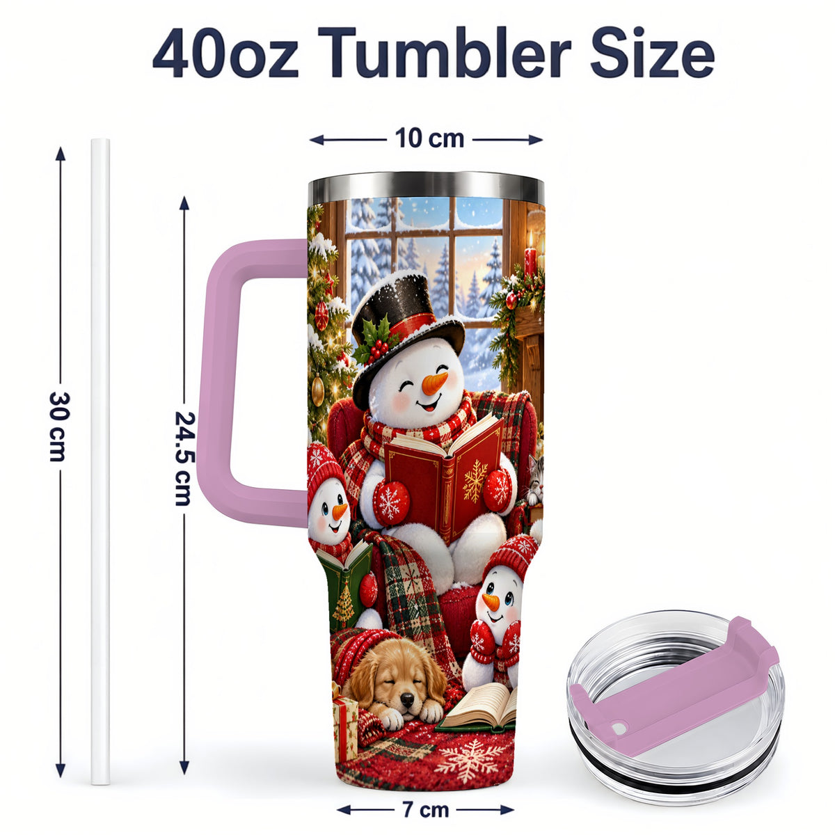 #pl[40oz|Pink] Christmas Snowman Reading 40oz Tumbler with Cozy Holiday Artwork