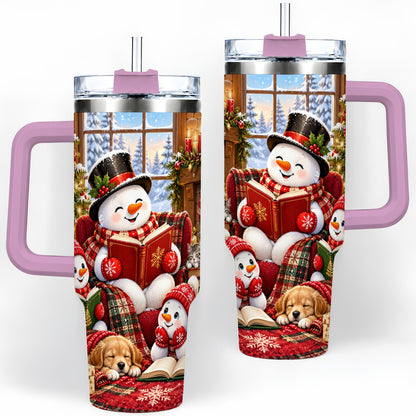 #pl[40oz|Pink] Christmas Snowman Reading 40oz Tumbler with Cozy Holiday Artwork