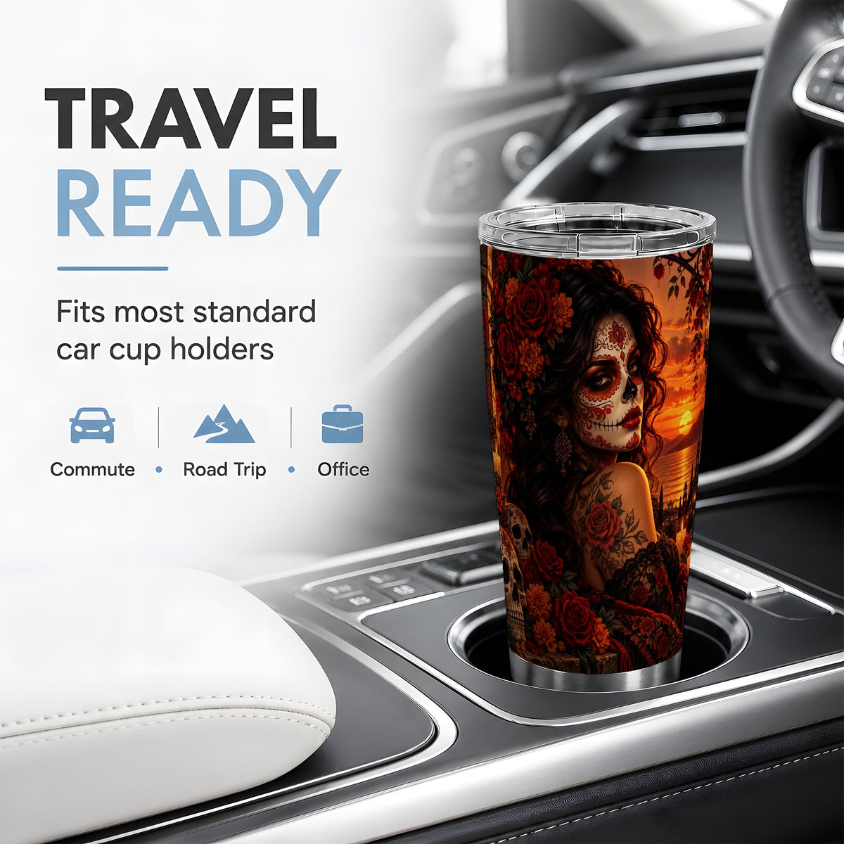 Sunset Sugar Skull Woman 20oz Tumbler, Stainless Steel Gothic Art