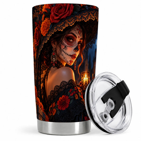 Candlelit Sugar Skull Woman 20oz Tumbler, Stainless Steel Gothic Art