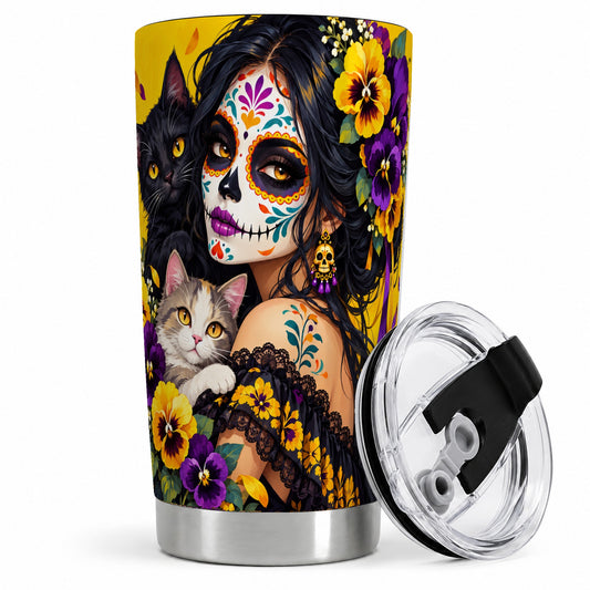 Sugar Skull Woman and Cats 20oz Tumbler, Yellow Pansy Floral Artwork