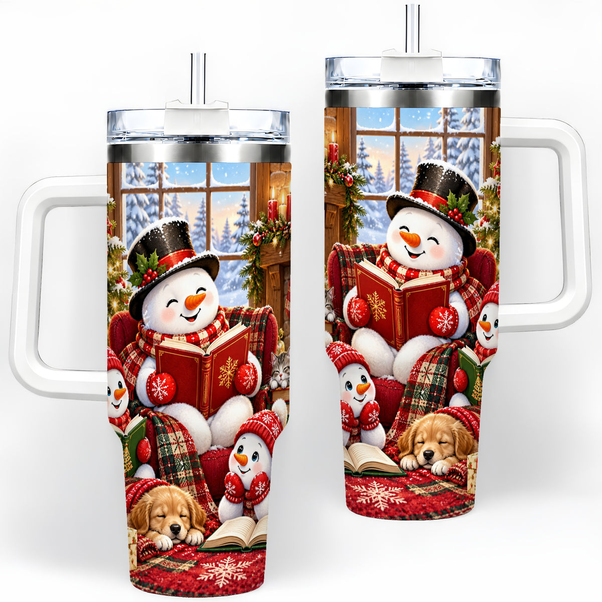 Christmas Snowman Reading 40oz Tumbler with Cozy Holiday Artwork