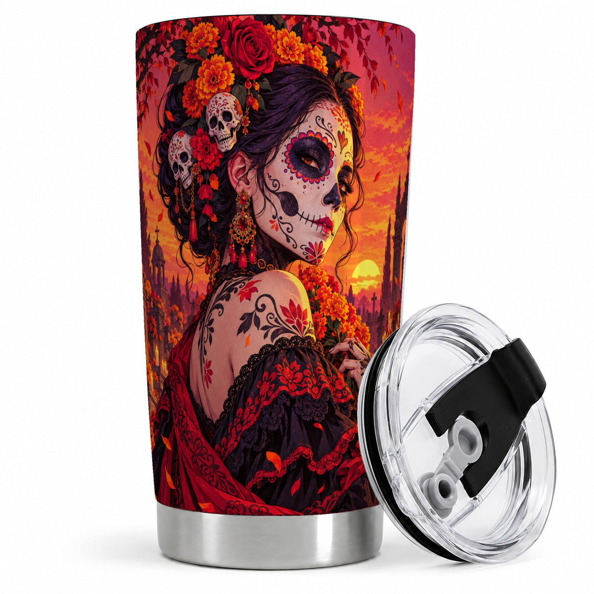 Cemetery Sugar Skull Woman 20oz Tumbler, Gothic Sunset Floral Art