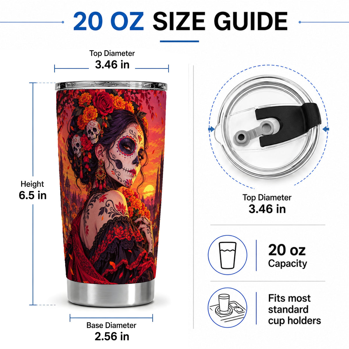 #pl[20oz|Steel] Cemetery Sugar Skull Woman 20oz Tumbler, Gothic Sunset Floral Art