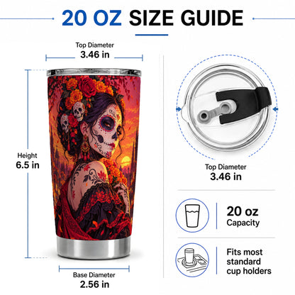 #pl[20oz|Steel] Cemetery Sugar Skull Woman 20oz Tumbler, Gothic Sunset Floral Art