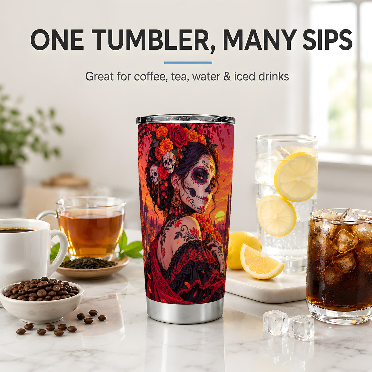 Cemetery Sugar Skull Woman 20oz Tumbler, Gothic Sunset Floral Art