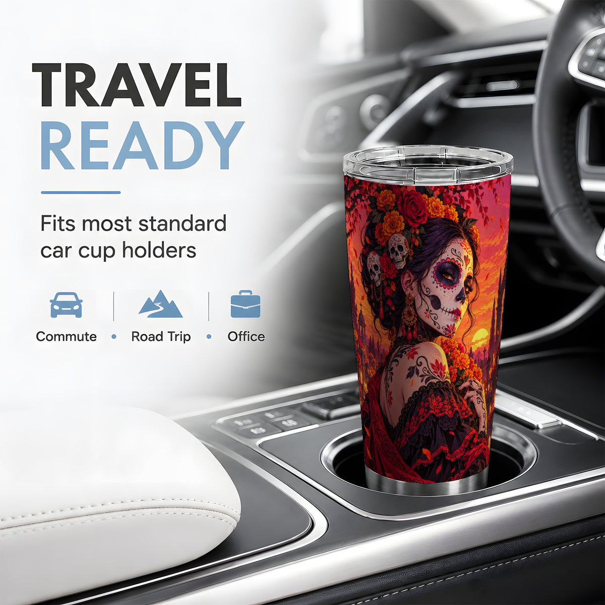 Cemetery Sugar Skull Woman 20oz Tumbler, Gothic Sunset Floral Art