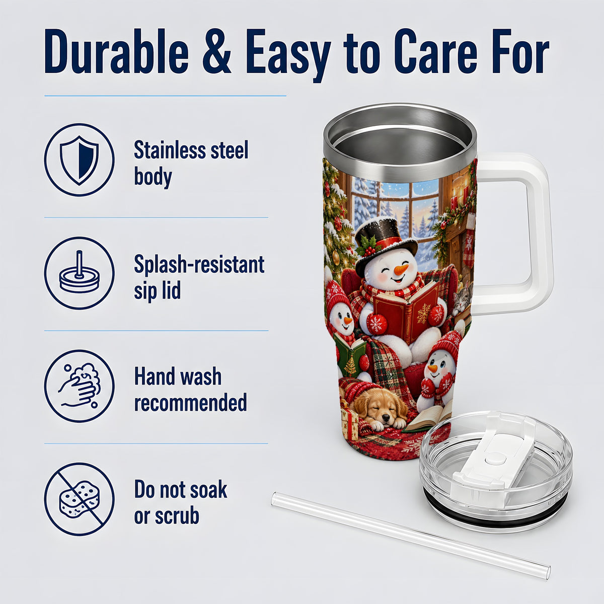 Christmas Snowman Reading 40oz Tumbler with Cozy Holiday Artwork
