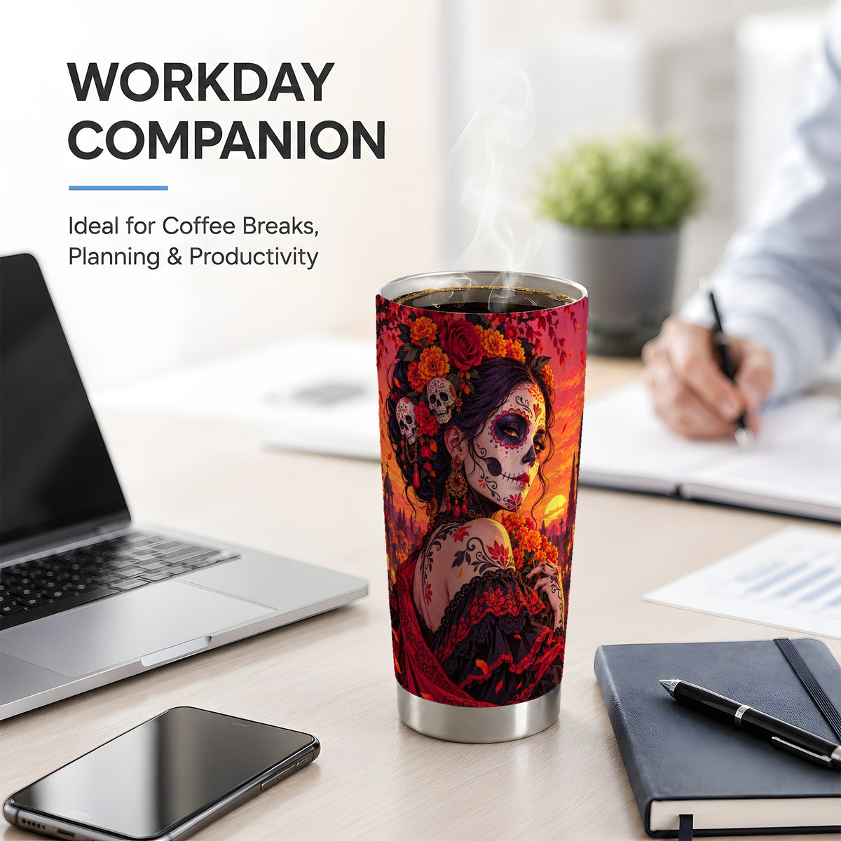 Cemetery Sugar Skull Woman 20oz Tumbler, Gothic Sunset Floral Art