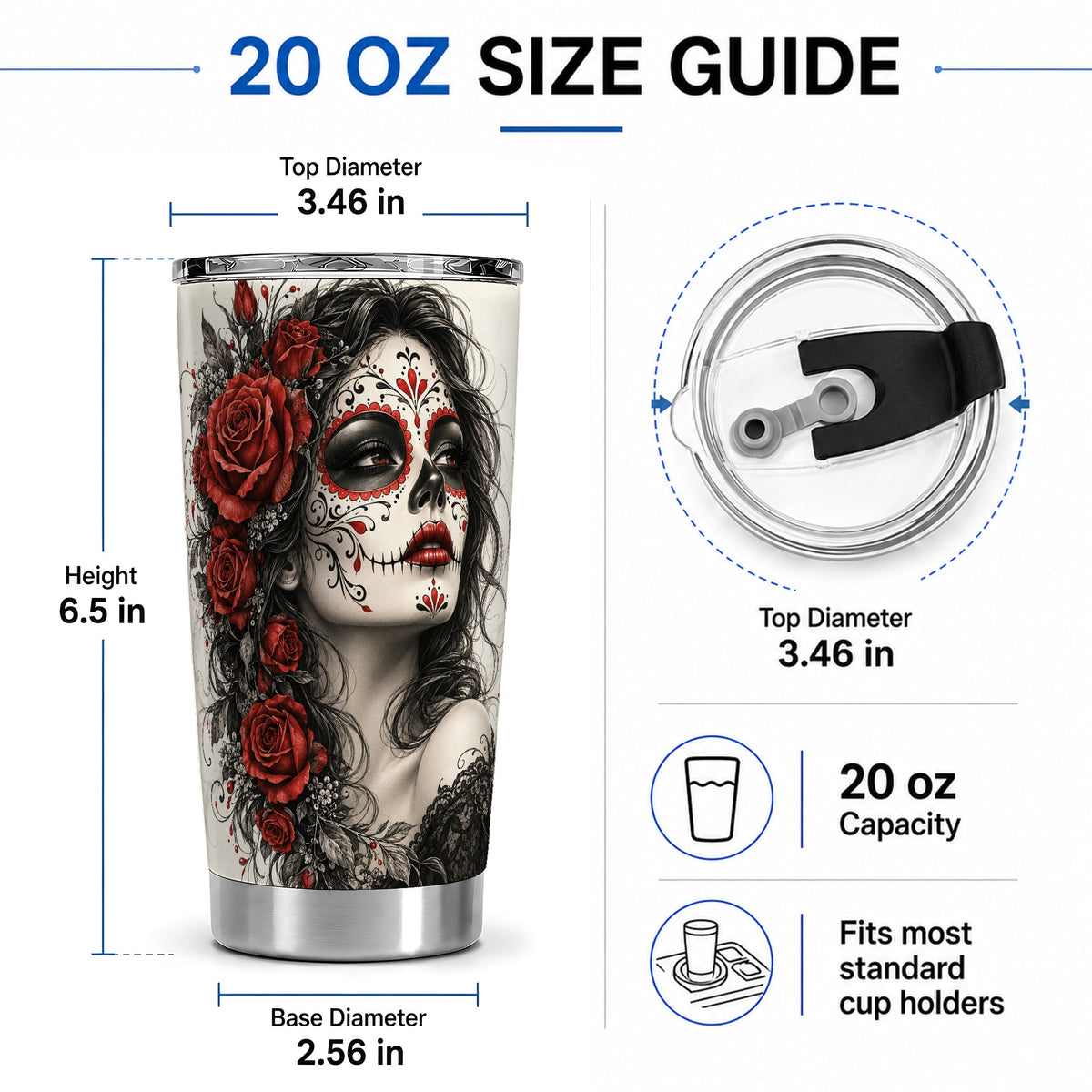 #pl[20oz|Steel] Sugar Skull Rose 20oz Tumbler, Stainless Steel Drinkware for Gothic Fans