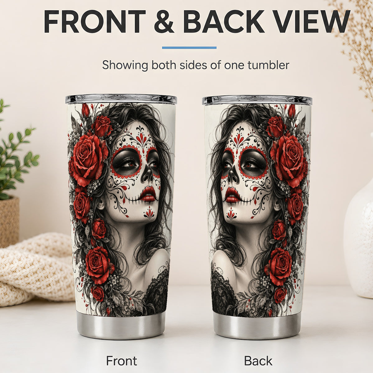#pl[20oz|Steel] Sugar Skull Rose 20oz Tumbler, Stainless Steel Drinkware for Gothic Fans