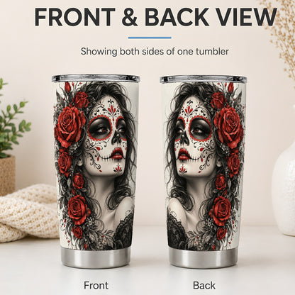 #pl[20oz|Steel] Sugar Skull Rose 20oz Tumbler, Stainless Steel Drinkware for Gothic Fans