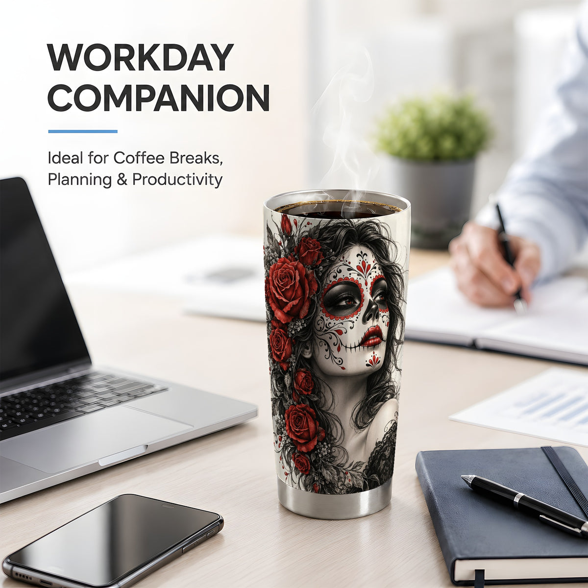 Sugar Skull Rose 20oz Tumbler, Stainless Steel Drinkware for Gothic Fans