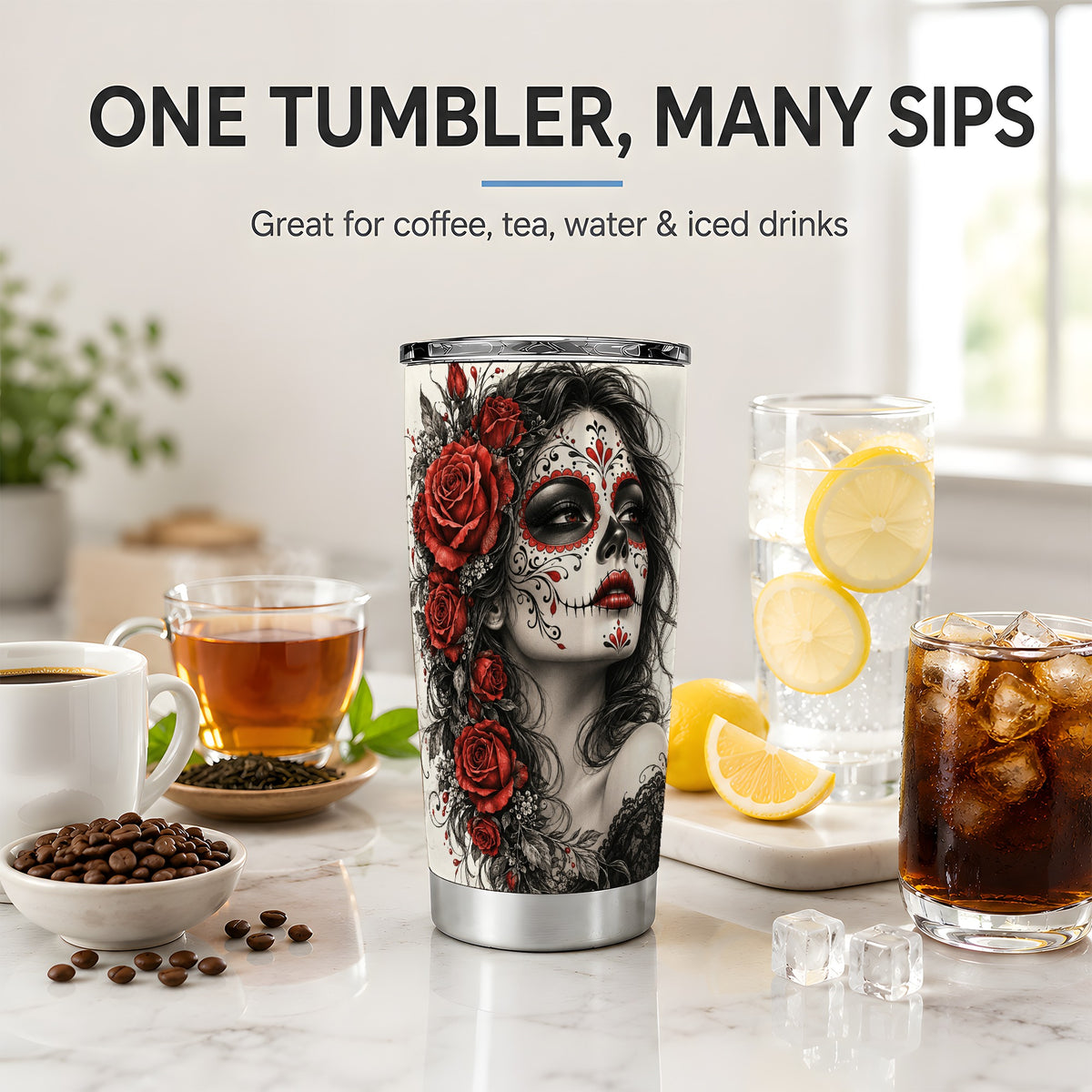 Sugar Skull Rose 20oz Tumbler, Stainless Steel Drinkware for Gothic Fans