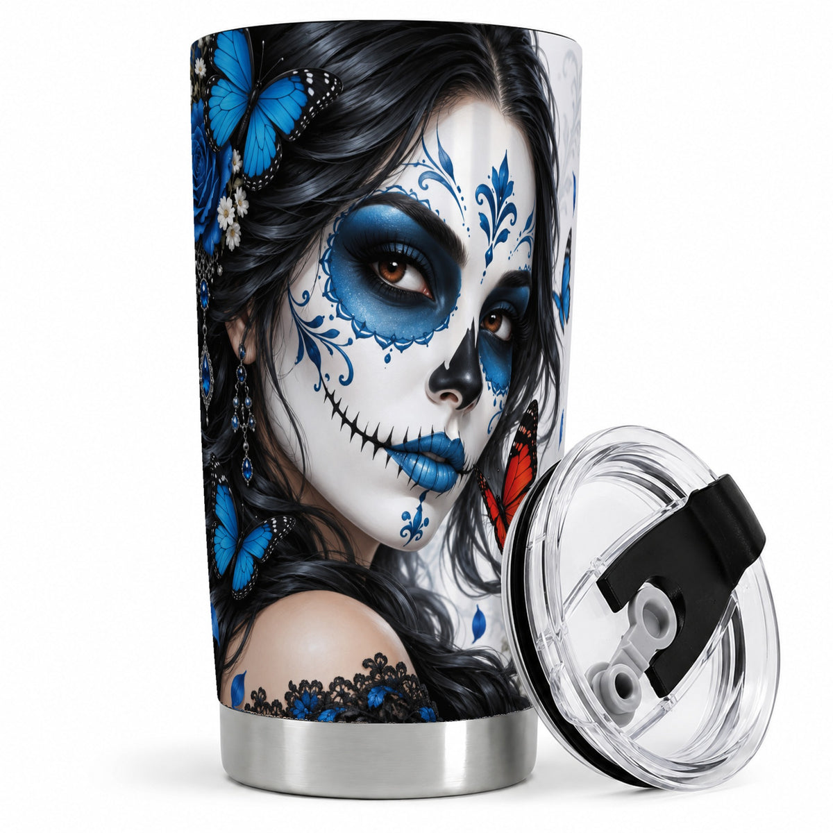 Blue Sugar Skull Butterfly 20oz Tumbler, Stainless Steel for Gothic Fans