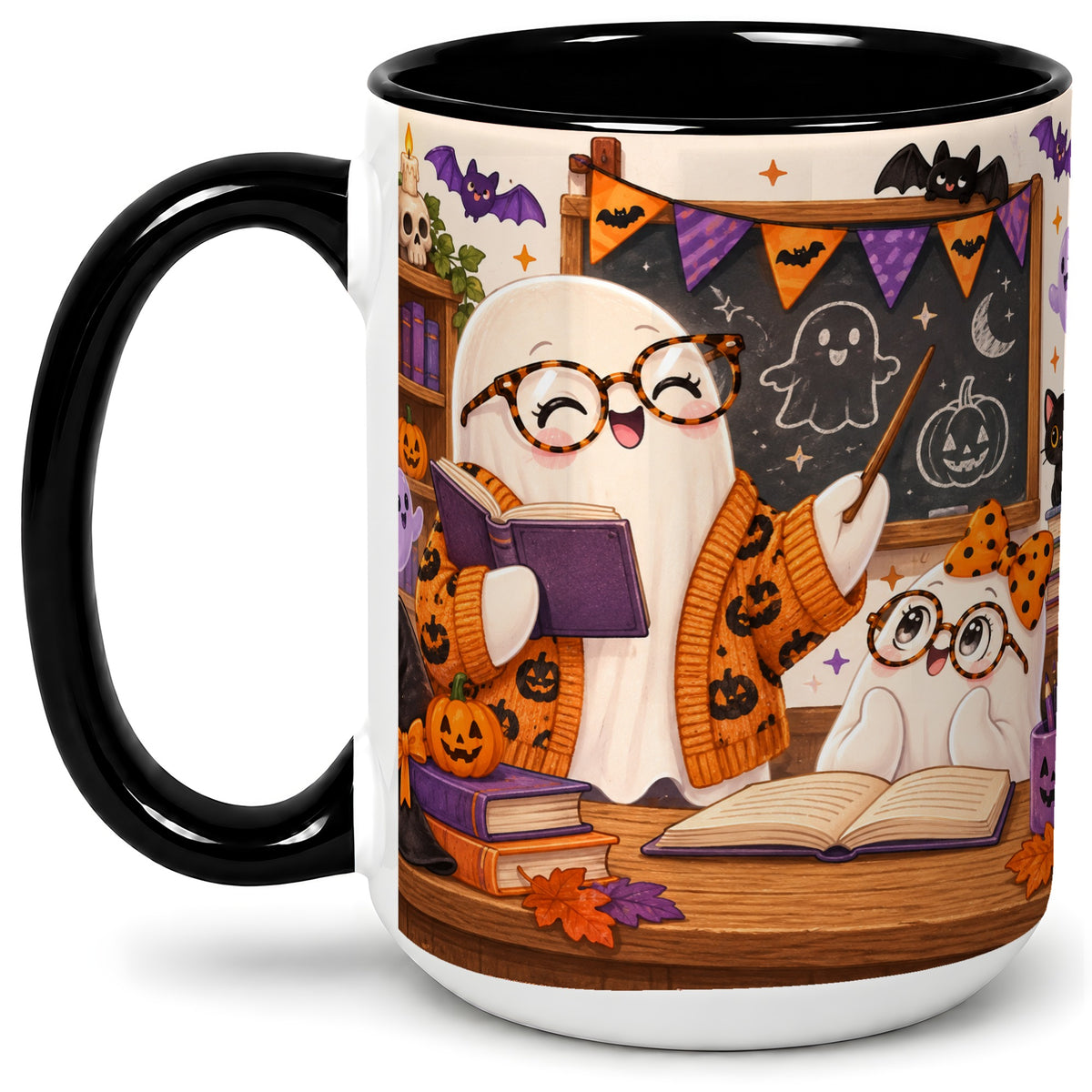 #pl[15oz|Black] Halloween Ghost Classroom Ceramic Mug with Teacher Artwork