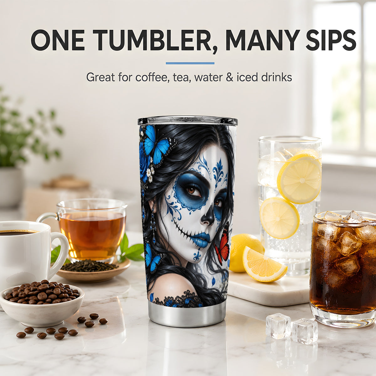 Blue Sugar Skull Butterfly 20oz Tumbler, Stainless Steel for Gothic Fans