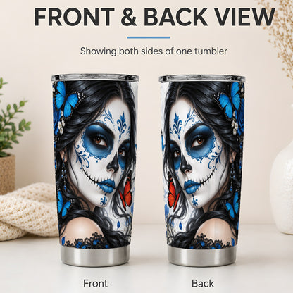 #pl[20oz|Steel] Blue Sugar Skull Butterfly 20oz Tumbler, Stainless Steel for Gothic Fans