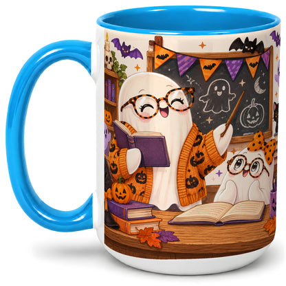 #pl[15oz|Blue] Halloween Ghost Classroom Ceramic Mug with Teacher Artwork